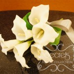 Artificial 6-bloom White Calla Lilies Bridesmaid Bouquet with Silver Satin Bow (Top View)