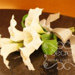 Artificial 6-bloom White Calla Lilies Bridesmaid Bouquet with Silver Satin Bow (Side View)