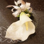 Artificial White Calla Lily and Snowberries Wristlet with Dangling Pearls (Top View)