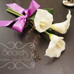 Artificial 3-bloom White Calla Lilies and Brown Eucalyptus Seeds Bridesmaid Bouquet with Lavender Satin Bow (Top View)