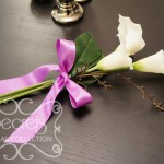 Artificial 3-bloom White Calla Lilies and Brown Eucalyptus Seeds Bridesmaid Bouquet with Lavender Satin Bow (Front View)