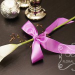 Artificial Single-bloom White Calla Lily and Brown Eucalyptus Seeds Bridesmaid Bouquet with Lavender Satin Bow (Side View)