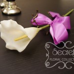 Artificial Single-bloom White Calla Lily and Brown Eucalyptus Seeds Bridesmaid Bouquet with Lavender Satin Bow (Top View)