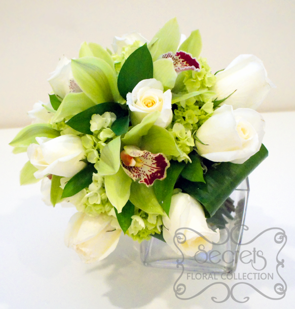 Fresh Green Cymbidium Orchids Cream Roses Green Mini Hydrangea Bridal Bouquet With Swarovski 