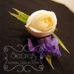 Fresh Cream Rose and Purple Iris Boutonniere with Diamond Pin (Top View)