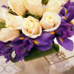 Fresh Cream Roses, Purple Iris, and Pittosporum Heart-Shaped Bridal Bouquet with Swarovski Crystal Jewel Picks (Close Up)