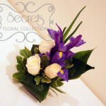 Fresh Cream Roses, Purple Iris, Pittosporum, and Aspidistra Leafs Cake Topper in Large Size