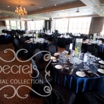 Navy Blue Satin Guest Tables with Black Brocade Chair Covers