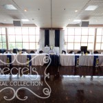 A Navy Blue and Silver Backdrop and Tables