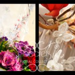 Artificial red mangolia, pink eremurus, pink cherry blossoms, fuchsia peonies, purple hydrangea, and purple anemones centrepiece with suspending butterflies (details shots)