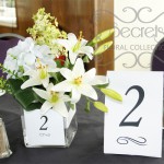 Artifcial White Lilies, White Hydrangea, and Pale Yellow Lillac Round Guest Table Centrepiece, with Table Number