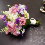 Bridal Bouquet -- Fresh Lavender Roses, Blue Delphinium, White Annabelle Hydrangea, Purple Statice, with Keepsake Swarovski Crystal Brooch