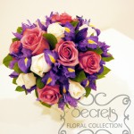 Fresh Lavender Roses, Cream Roses, and Purple Iris Bridal Bouquet with Lavender Satin Ribbon Wrap (Top View)