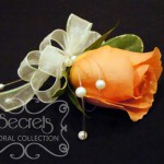 Fresh Coral Rose and Pittosporum Pin-On Corsage with Pearl Strands Accent for the Mothers (Side View)
