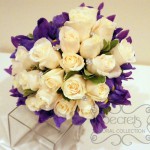 Fresh Cream Roses, Purple Iris, and Pittosporum Heart-Shaped Bridal Bouquet with Swarovski Crystal Jewel Picks (Top View)
