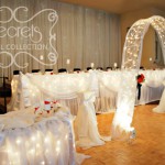 White Sheer Backdrop, Head Table, Ceremony (or Cake Table), and Arch with Twinkle Lights to Add a Fairytale Touch