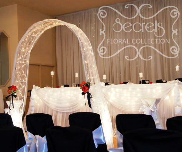 Backdrop and Tables are Decorated with White Sheer and Twinkle Lights to 