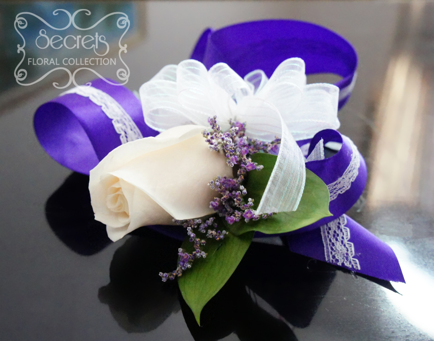 Fresh cream rose and purple limonium wristlet corsage, with purple and lace band - Toronto Wedding Flowers Created by Secrets Floral Collection
