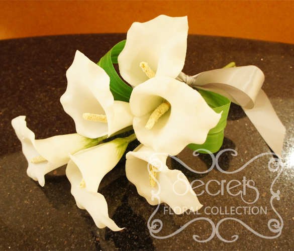 Artificial 6-bloom White Calla Lilies Bridesmaid Bouquet with Silver Satin Bow (Top View) - Toronto Wedding Flowers Created by Secrets Floral Collection