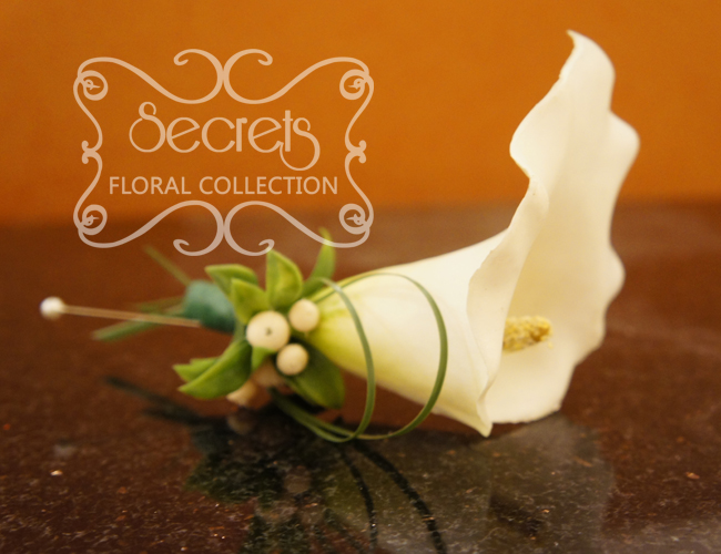 Artificial White Calla Lily and Snowberries Boutonniere with Pearl Pin - Toronto Wedding Flowers Created by Secrets Floral Collection