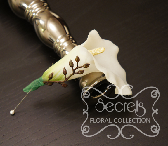 Artificial White Calla Lily and Brown Eucalyptus Seeds Boutonniere with Pearl Pin - Toronto Wedding Flowers Created by Secrets Floral Collection