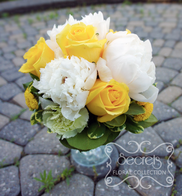 Fresh white peonies, yellow roses, light green carnations, and yellow button mums bridesmaid bouquet (top-view) - Toronto Wedding Flowers Created by Secrets Floral Collection