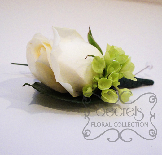 Fresh Cream Rose and Green Mini Hydrangea Boutonniere with Diamond Pin - Toronto Wedding Flowers Created by Secrets Floral Collection