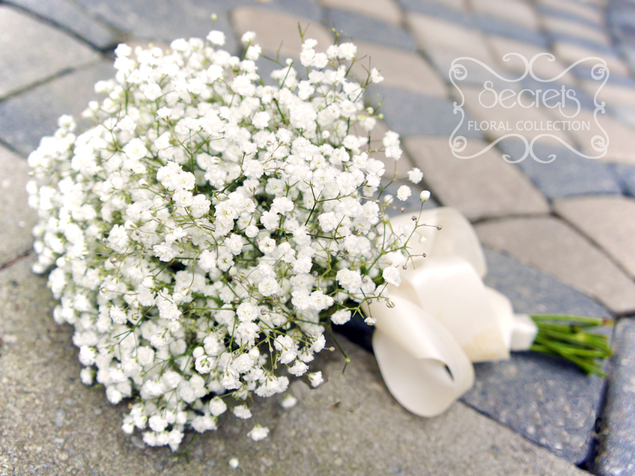 Fresh baby's breath bridesmaid bouquet, with ivory satin wrap - Toronto Wedding Flowers Created by Secrets Floral Collection