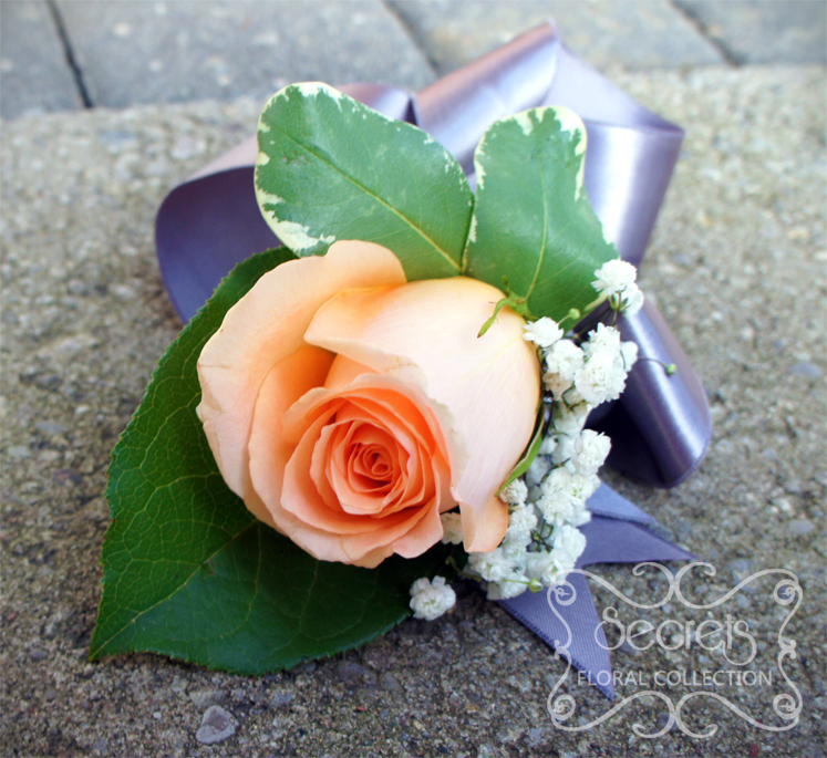 Fresh peach rose and baby's breath wristlet corsage, with silver satin band (top-view) - Toronto Wedding Flowers Created by Secrets Floral Collection