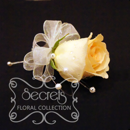 Fresh Champagne Rose and Pittosporum Pin-On Corsage with Pearl Strands Accent (Top View) - Toronto Wedding Flowers Created by Secrets Floral Collection