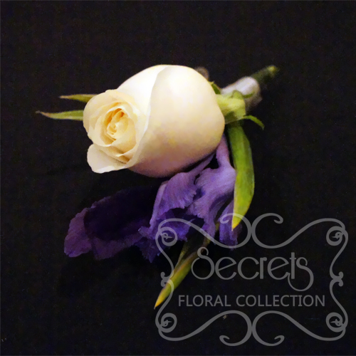 Fresh Cream Rose and Purple Iris Boutonniere with Diamond Pin (Side View) - Toronto Wedding Flowers Created by Secrets Floral Collection