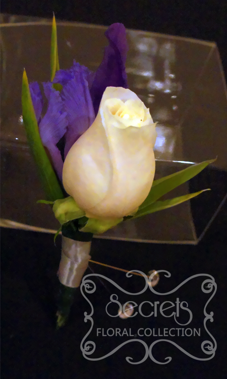Fresh Cream Rose and Purple Iris Boutonniere with Diamond Pin (Front View) - Toronto Wedding Flowers Created by Secrets Floral Collection