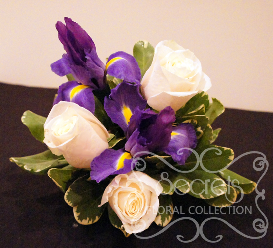 Fresh Cream Roses, Purple Iris, and Pittosporum Cake Topper in Small Size