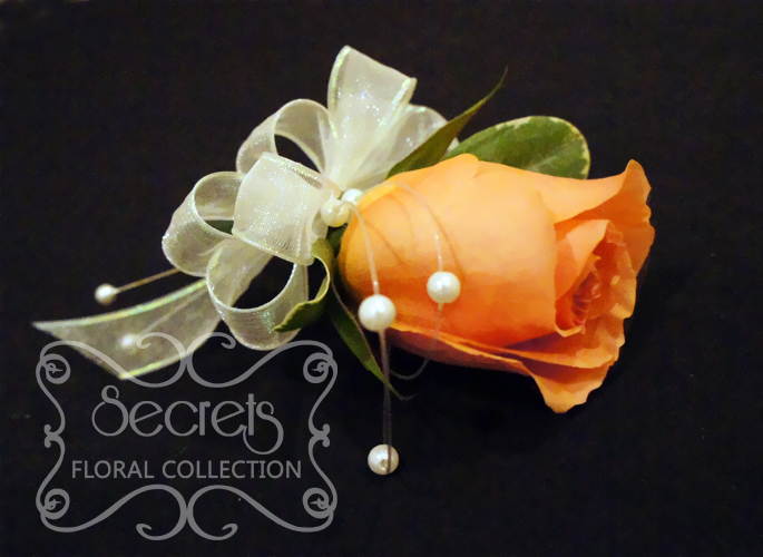 Fresh Coral Rose and Pittosporum Pin-On Corsage with Pearl Strands Accent (Side View) - Toronto Wedding Flowers Created by Secrets Floral Collection