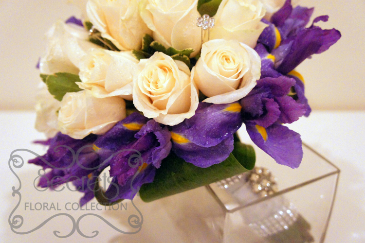 Fresh Cream Roses, Purple Iris, and Pittosporum Heart-Shaped Bridal Bouquet with Swarovski Crystal Jewel Picks (Close Up) - Toronto Wedding Flowers by Secrets Floral Collection