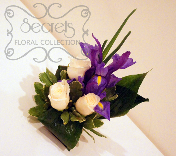 Fresh Cream Roses, Purple Iris, Pittosporum, and Aspidistra Leafs Cake Topper in Large Size