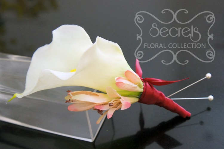 Artificial (soft-touch) white calla lily and pink agapanthus pin-on corsage, with wine red satin wrap and double pearl pins - Toronto Wedding Flowers Created by Secrets Floral Collection