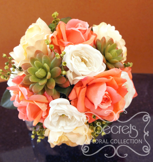 Artificial (real-touch) coral pink roses, white ranunculus, succulents, and eucalyptus bridal bouquet (Top View) - Toronto Wedding Flowers by Secrets Floral Collection