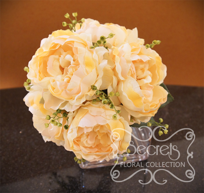 Artificial peach peonies and eucalyptus bridesmaid bouquet (Top View) - Toronto Wedding Flowers Created by Secrets Floral Collection