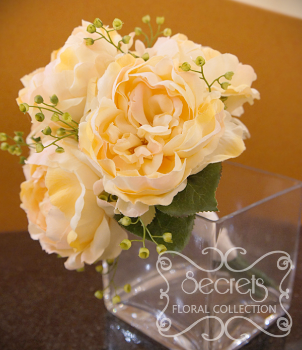 Artificial peach peonies and eucalyptus bridesmaid bouquet (Side View) - Toronto Wedding Flowers Created by Secrets Floral Collection