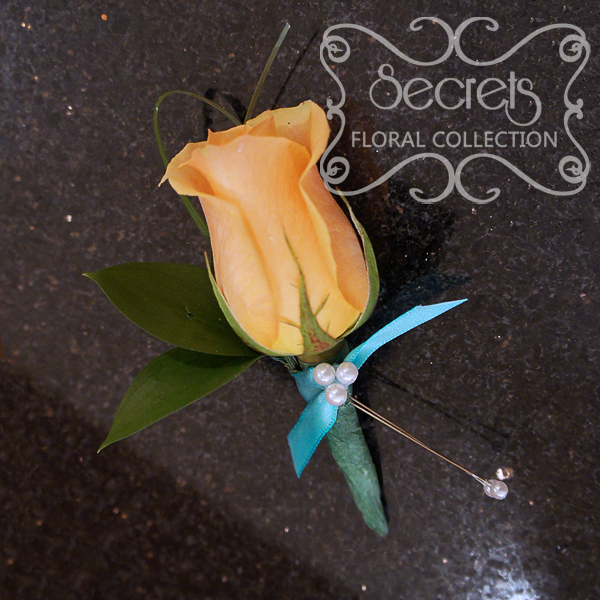 Fresh peach rose and bear grass pin-on corsage with tiffany blue ribbon and pearl embellishments - Toronto Wedding Flowers Created by Secrets Floral Collection