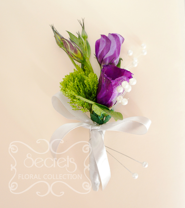 Fresh purple lisianthus and green trachelium boutonnière, embellished with pearl strands and silver ribbon (front-view) - Toronto Wedding Flowers Created by Secrets Floral Collection