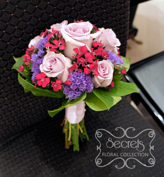 Fresh lavender roses, fuchsia sweet william, lavender statice flower toss bouquet - Toronto Wedding Flowers Created by Secrets Floral Collection