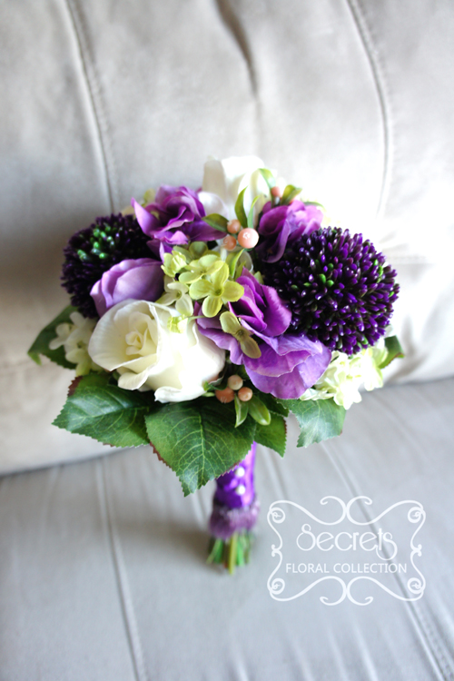 Artificial (soft-touch) cream roses, allium, lavender hydrangea, green lilac, and pink snow berries bridal bouquet, with purple fur trim wrap (front-view) - Toronto Wedding Flowers by Secrets Floral Collection