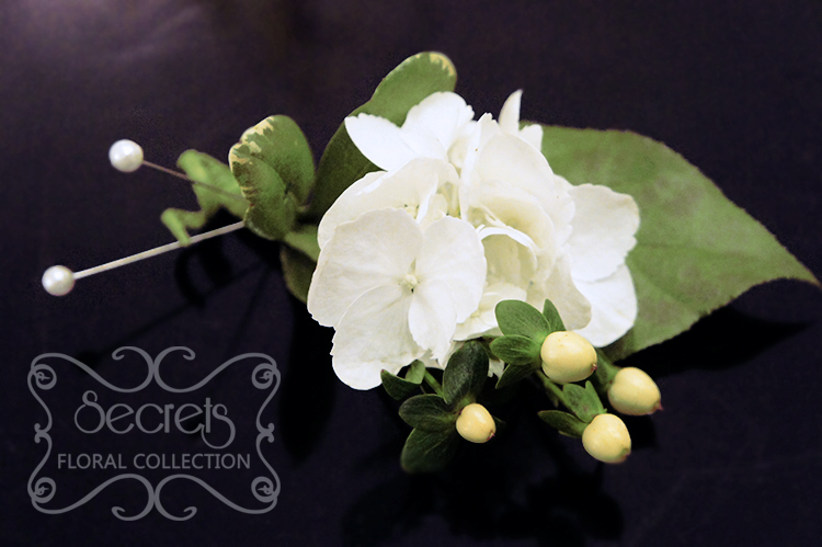 Fresh white hydrangea and ivory hypericum berries boutonniere - Toronto Wedding Flowers Created by Secrets Floral Collection