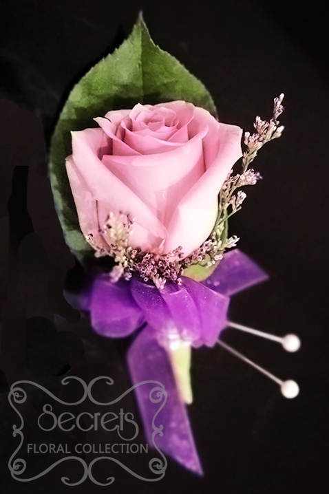 Fresh lavender rose and misty blue limonium boutonniere with crystal embellishment - Toronto Wedding Flowers Created by Secrets Floral Collection