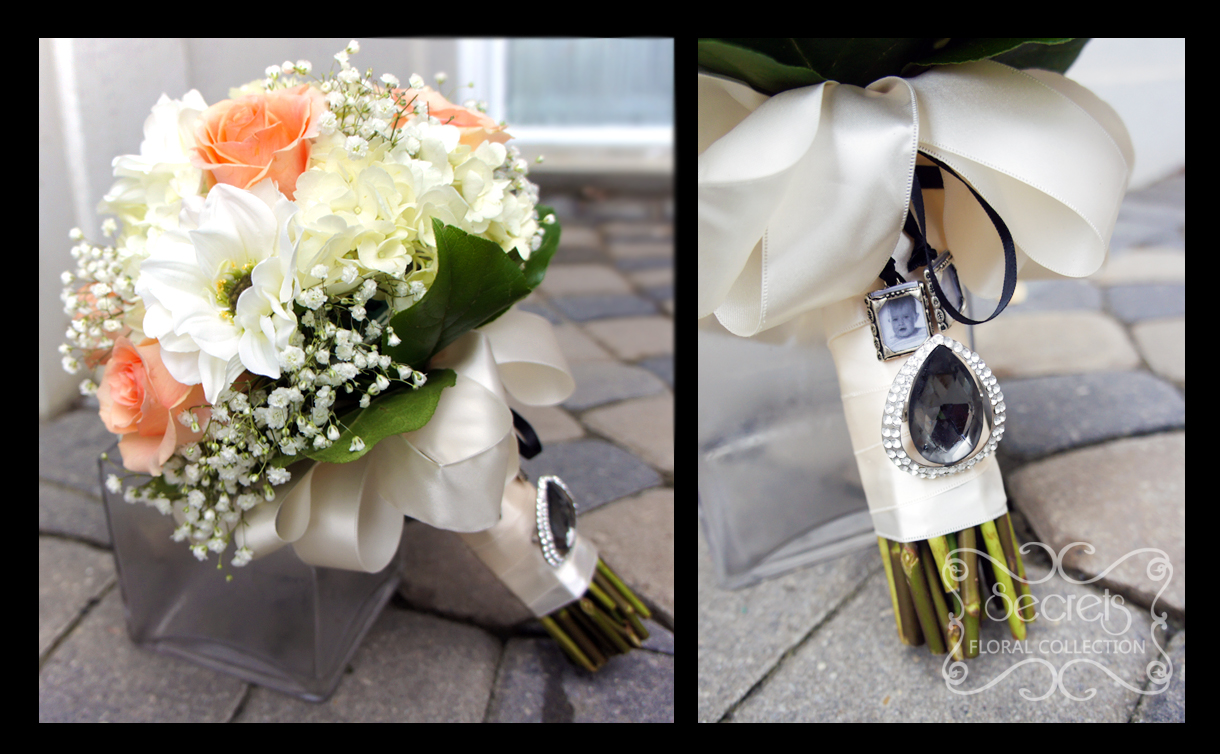 Fresh peach roses, white dahlia, cream hydrangea, and baby's breath bridal bouquet, with ivory multi-loops wrap, black jewel, and sentimental photo frames (close-ups) - Toronto Wedding Flowers by Secrets Floral Collection