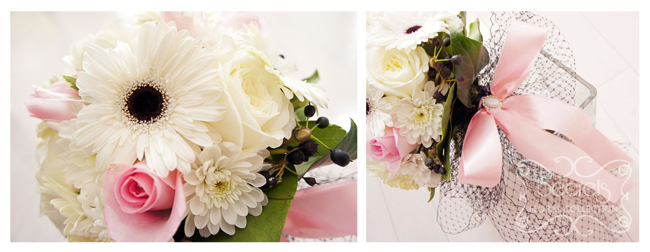 Fresh cream garden roses, white gerbera daisies and flat mums (chrysanthemums), pink roses, and black viburnum berries bridal bouquet, embellished with black French netting to add a touch of vintage glam (close-ups) - Toronto Wedding Flowers by Secrets Floral Collection