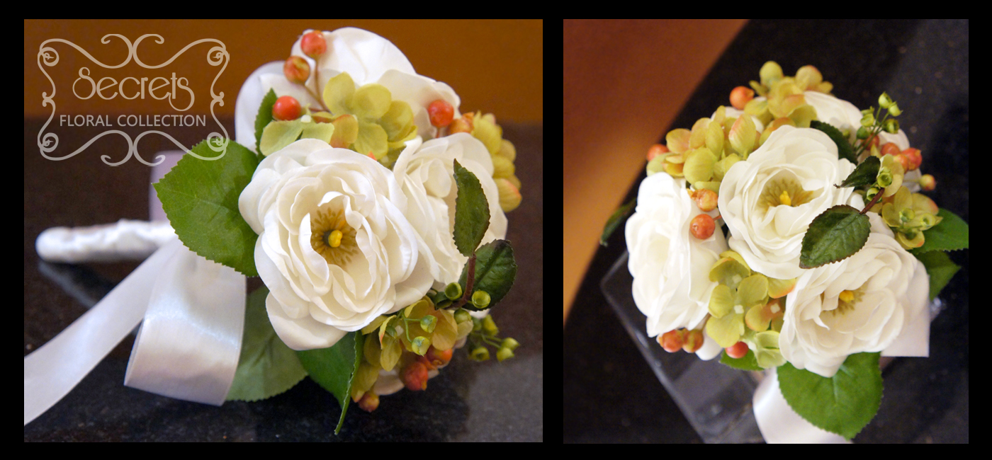 Artificial (real-touch) white ranunculus, green hydrangea, red privet berries, and eucalyptus toss bouquet (Side Views) - Toronto Wedding Flowers Created by Secrets Floral Collection