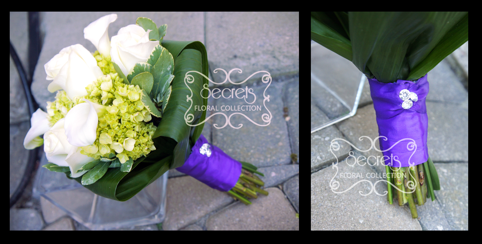 Fresh cream roses, white calla lilies, and baby green hydrangea bridesmaid bouquet, with royal purple satin wrap and crystal jewelry on it (close-ups) - Toronto Wedding Flowers Created by Secrets Floral Collection